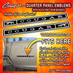 Quarter Panel Emblems (qtremb01-67) 1967 COUGAR Quarter Panel Emblem Plates (Left & Right) [Standard/ Base Cougar Badges] CustomCougarParts.com