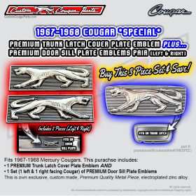 Mercury Cougar Door Sill Plates + Trunk Latch Cover Plate 3 Piece Set (for 1967-1968 only)
