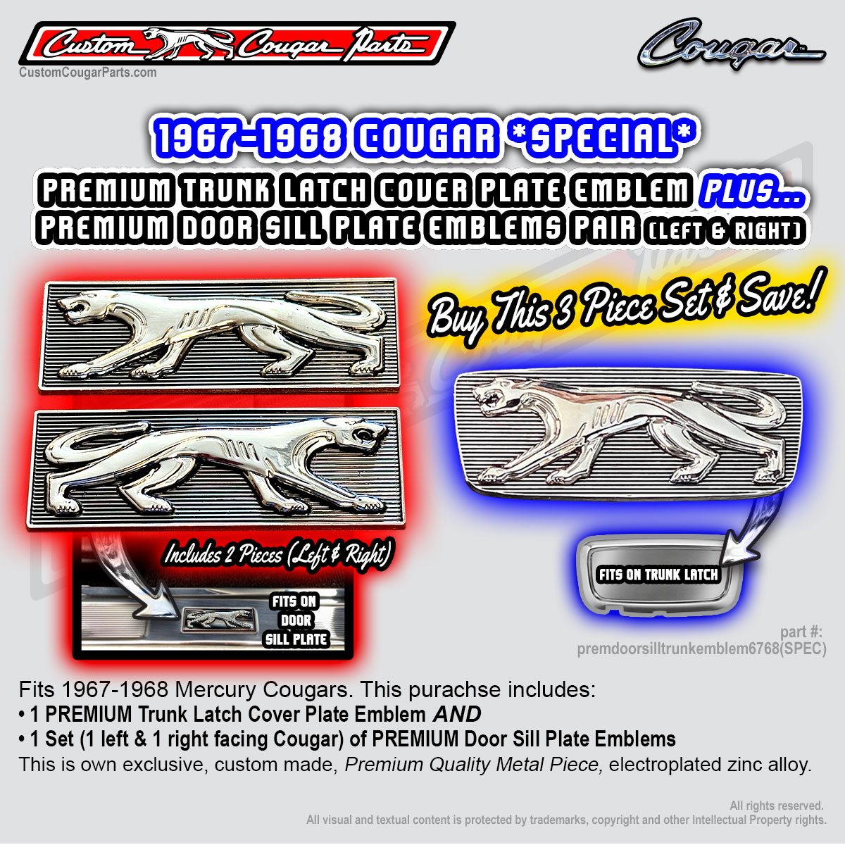 Mercury Cougar Door Sill Plates + Trunk Latch Cover Plate 3 Piece Set (for 1967-1968 only)