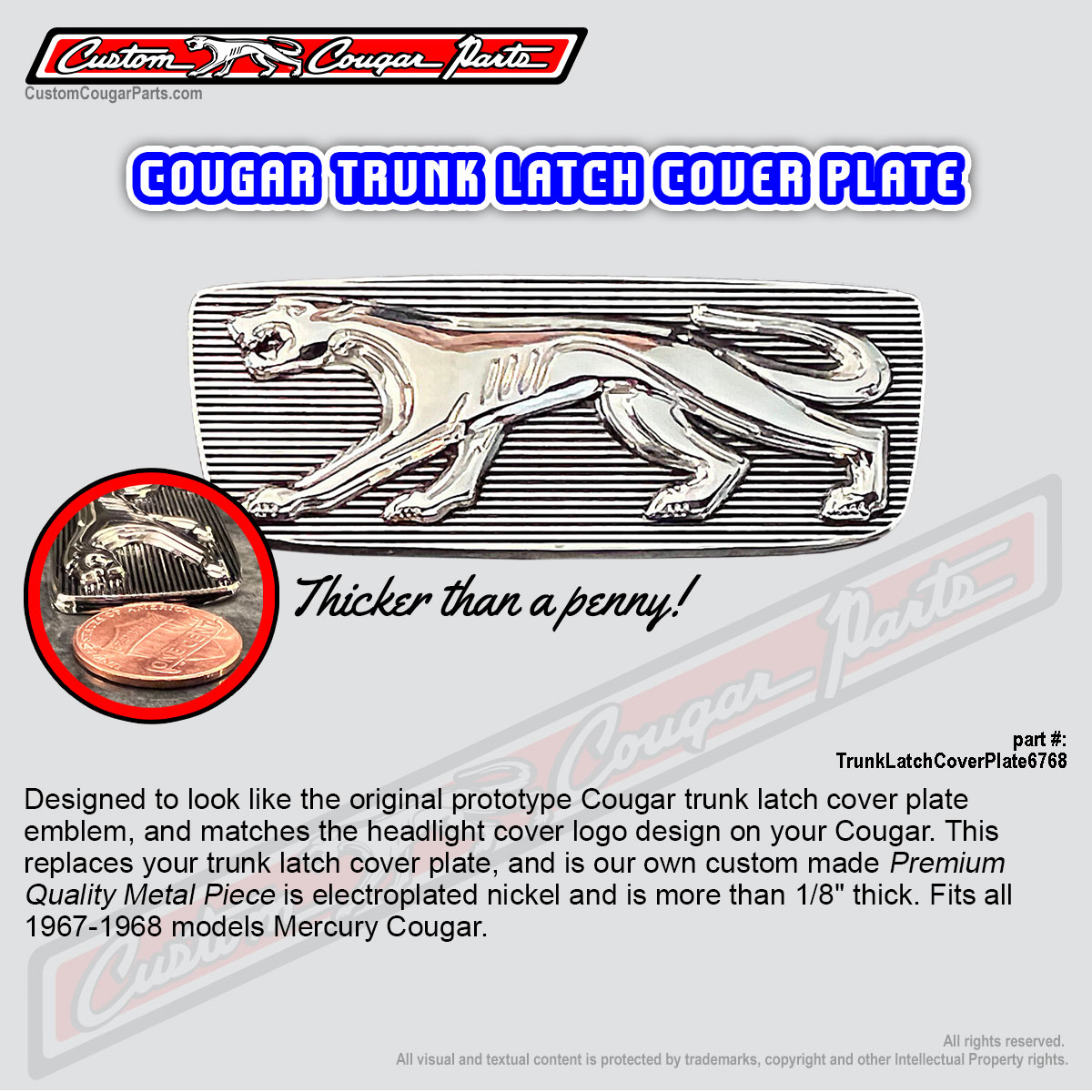 Mercury Cougar Trunk Latch Cover Plate (for 1967-1968 only)