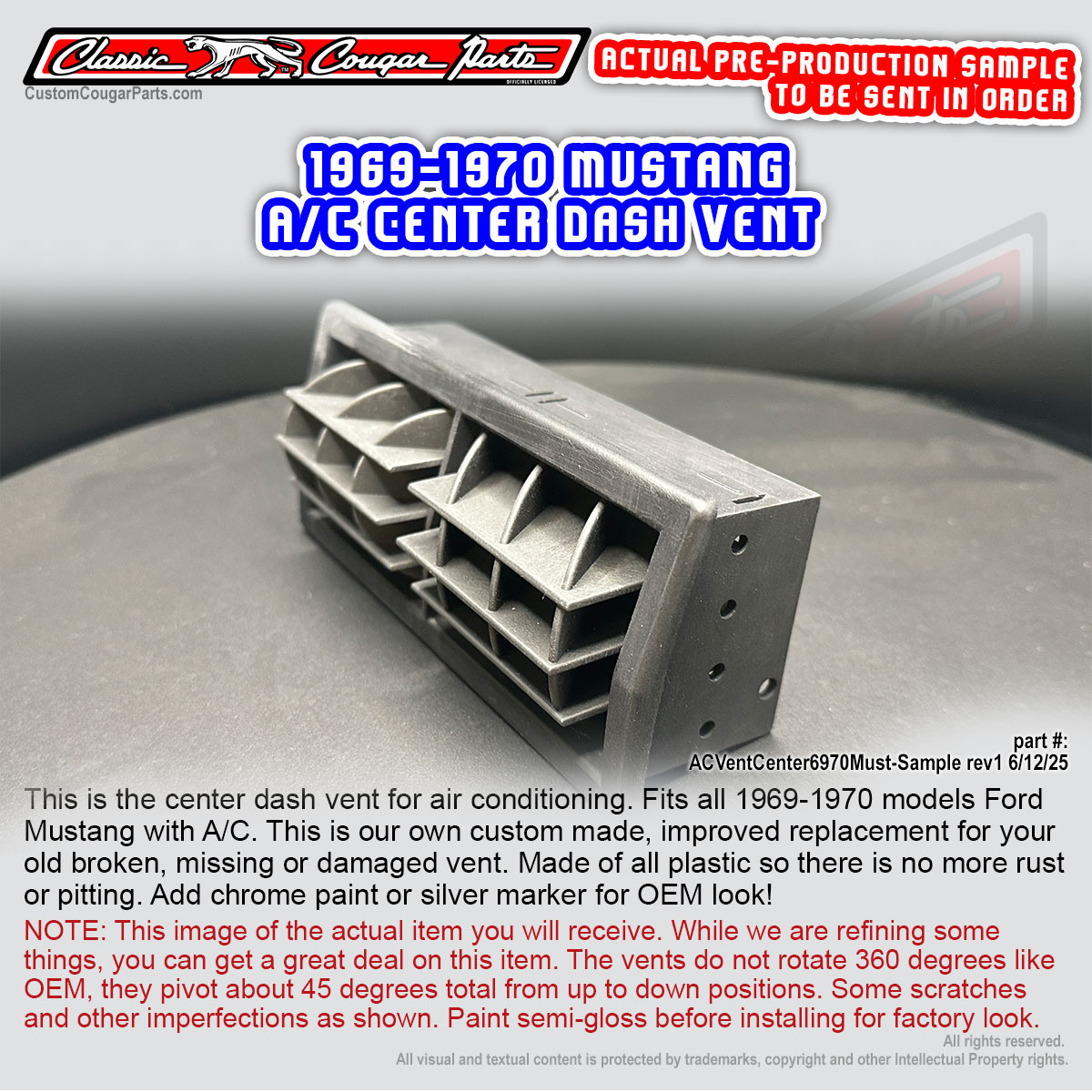 1969-1970 Mustang A/C Center Dash Vent (part #: 6888_ACVentCenter6970Must-Sample-rev1_6-12-25_Classic) NEW PART, with NEW IMPROVED DESIGN for better durability. Available for 2025 delivery!
