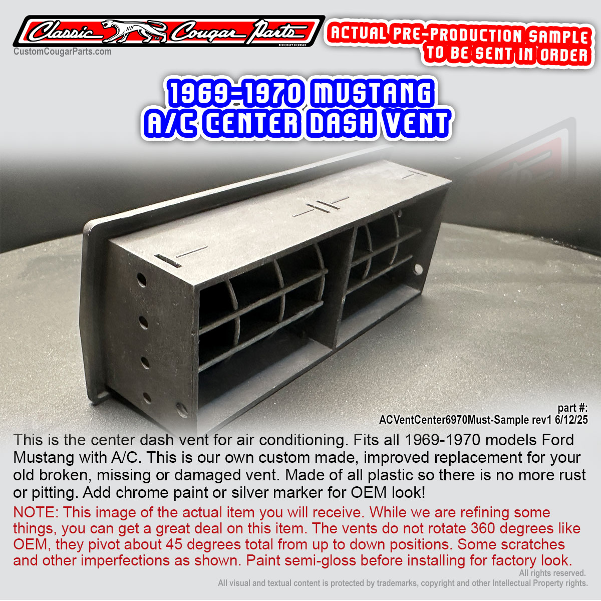 1969-1970 Mustang A/C Center Dash Vent (part #: 6889_ACVentCenter6970Must-Sample-rev1_6-12-25_Classic) NEW PART, with NEW IMPROVED DESIGN for better durability. Available for 2025 delivery!
